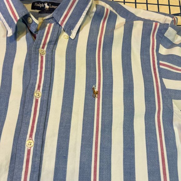 Vtg Ralph Lauren Oxford Shirt Mens L Striped Button Down Blue Red Flesh Pony - Picture 6 of 12